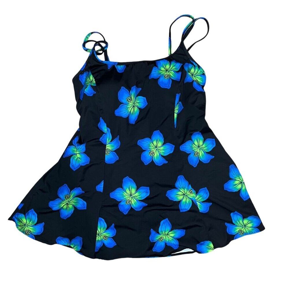 Vintage Robby Len Green Blue Tropical Floral Swim Dress One Piece Swimsuit Sz 12